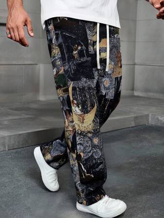 Men's Drawstring Waist Van Gogh Painting Pattern Straight Leg Pants
