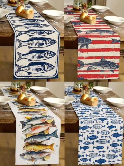 1pc Fish Pattern Table Runner, Modern Style, Linen-Like Material, Available In 33*91cm, 33*183cm, 33*274cm, Home Decor, Indoor/Outdoor Party Supplies, Party Decorations, Kitchen Decor, Suitable For Home & Events
