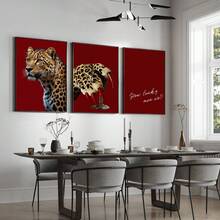 3pcs Set Red Leopard Fashion Wall Art Canvas Poster Print Minimalist Luxury Art Aesthetic Decor Funky Painting For Dorm,Apartment,Bedroom,Living Room,Modern Home Decoration