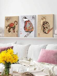 3pcs Japanese Style Wall Decor, Tattoo Cat Canvas Artwork Paintings, Ukiyo-E Print Posters, Wall Art, Classic Paintings, Decorative Artwork, Room Aesthetic, Home Decoration, Ideal Gift, For Living Room, Bedroom, Bathroom, Optional Frame ,Wall Art With Frame - 3Pcs/Set - View 5