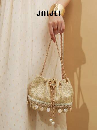 JNIJLI 1pc Bohemian Style Shell Trim Straw Bucket Bag, Chain Strap Shoulder Bag, Drawstring Faux Pearl Satchel, Woven Bag, Crossbody Bag, Versatile For Daily Commute, Business Casual, Travel, Beach Wedding, Outdoor Trip, Vacation, Beach