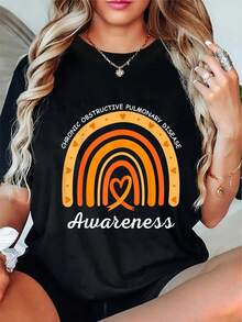 Camiseta estampada de manga corta y cuello redondo de algodón negro de 180 g para mujer para la concientización sobre la enfermedad pulmonar obstructiva crónica con diseño de cinta de corazón arcoíris - Negro - Ver 1
