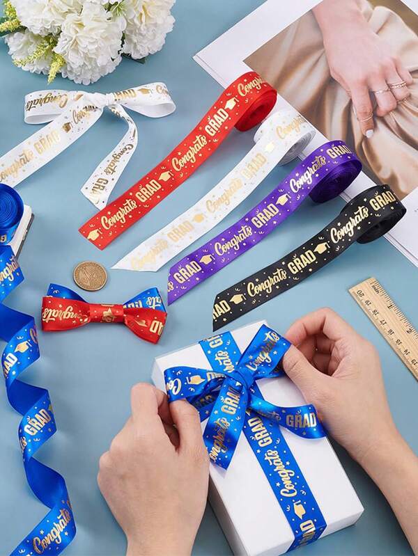 5 Yards Of 2.5cm Wide,1pc Graduation Party Decor Ribbon, Satin Ribbons Bow DIY Cake Packing Ribbon, Baking & Gift Wrapping, Gold Foil, Graduation Ceremony, Graduation Decorations 2025,Birthday Party Favor