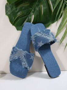 Square Toe Flat Sandals, Light Blue Denim Fringe Design, Simple Strap Style Slip-On Beach Shoes, Elegant Casual Versatile, New Spring/Summer Ladies Flats