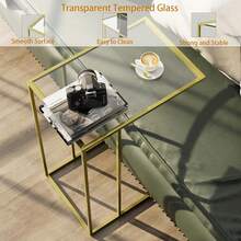 Mesa auxiliar en forma de C, mesa auxiliar para sofá, mesa auxiliar con marco de vidrio templado y metal, mesa auxiliar pequeña para TV, ideal para espacios reducidos, sala de estar, dormitorio, mesita de noche, estilo moderno, color dorado. - Dorado - Ver 3