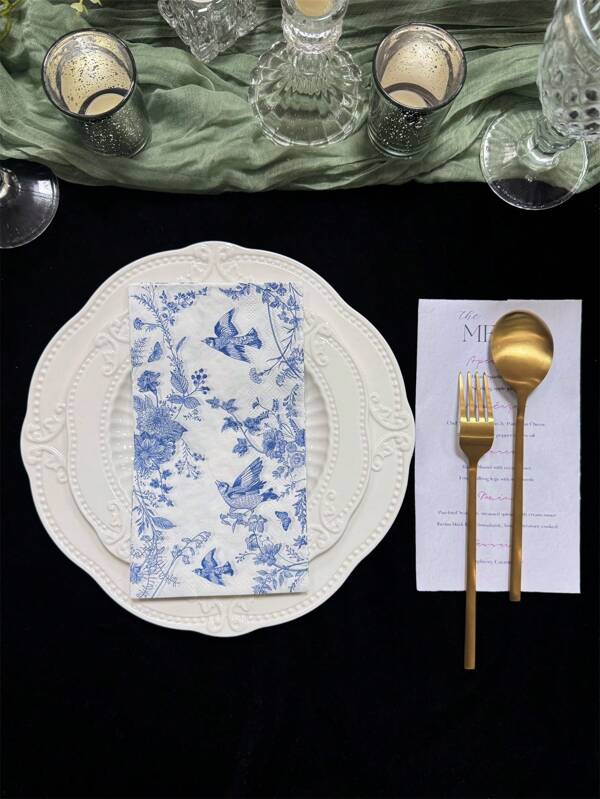 20pcs Elegant Blue Floral Print Dinner Napkins 13x15.7inch, For Wedding Birthday Holiday Parties, Restaurant Hotel Home Kitchen Decorative Table Napkins, Party Supplies