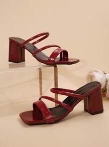 White Minimalist Square Toe Faux Leather Block Heel Sandals, French Style Elegant Suitable For Walking, Dates, Gatherings, Parties, Commuting, Business