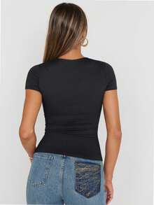 VERACT Women's Casual Slim Square Neck T Shirt Sports Short Sleeve Top - 黑色 - 查看 2