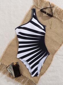 European & American Style Striped One-Piece Swimsuit, Vacation Beach Swimming Suit For Women