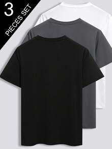 3 件男士纯色圆领短袖 T 恤，黑色/白色/灰色，时尚百搭，适合运动和户外 - 彩色 - 查看 3