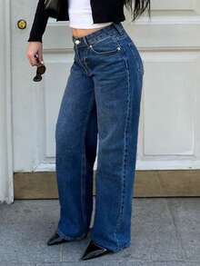 MYOURSA 女士低腰直筒水洗牛仔裤，宽松版型，休闲日常穿着，深蓝色 - 深色水洗藍 - 查看 4