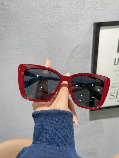 1 pieza Gafas de mujer de moda de montura grande y ojo de gato de color rojo, aptas para el uso diario, outfits de playa de verano, fotografía callejera para vacaciones de verano en la playa, al aire libre, viajes
