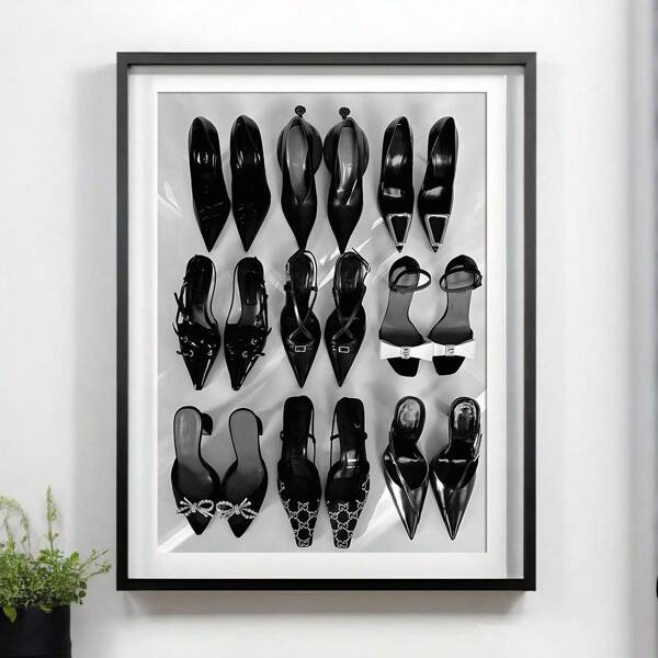 1 pieza de impresión en lienzo de arte de pared con zapatos de tacón alto en blanco y negro, arte minimalista y lujoso, estética, decoración divertida para habitación de niña, apartamento, dormitorio, sala de estar, decoración moderna del hogar, sin marco