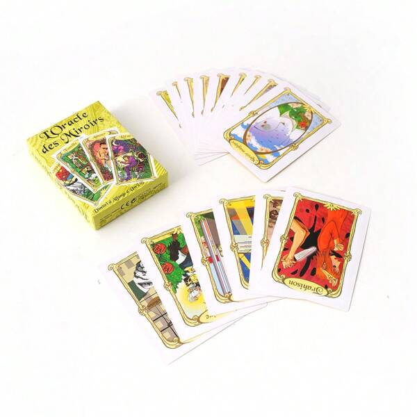 Loracle Des Miroirs Tarot, Larger Than Standard Size, For Unveiling The Mysterious Reflections, With Elegant & Minimalist Designs, In A Yellow Box With Tarot Patterns On The Cover.
