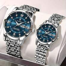 2 件/套情侣手表婚礼纪念品 50 米防水防锈 316 不锈钢日本进口石英机芯男女手表礼物英文日历内置持久新能源电池父母商务节日礼物情人节返校必备