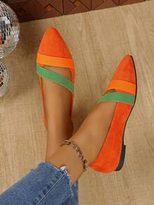 女士经典时尚黑色尖头平底鞋，户外防滑平底鞋，尖头平底运动鞋，平底乐福鞋，芭蕾平底鞋，闪光亮片平底鞋，弹性交叉带平底鞋，低帮平底鞋，豹纹平底鞋，适合派对、学校、日常穿着、户外健身、徒步旅行 - 亮橙色 - 查看 2