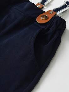 BOARNSEORL 2pcs Young Boys Gentleman Outfit - Navy Blue Shorts With Suspenders And White Polka Dot Short Sleeve Shirt With Bow Tie, Fashionabantic For Birthday Party, Wedding, Anniversary Celebration - Navy Blue - View 10