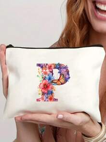 26 Letter & Floral Canvas Zipper Pouch - Lightweight Foldable Makeup Bag, Washable White Cosmetic Pencil Case, Suitable For Women, Mothers & Daughters - Perfect Gift For Graduation, Wedding, Holiday - Multicolor - View 23