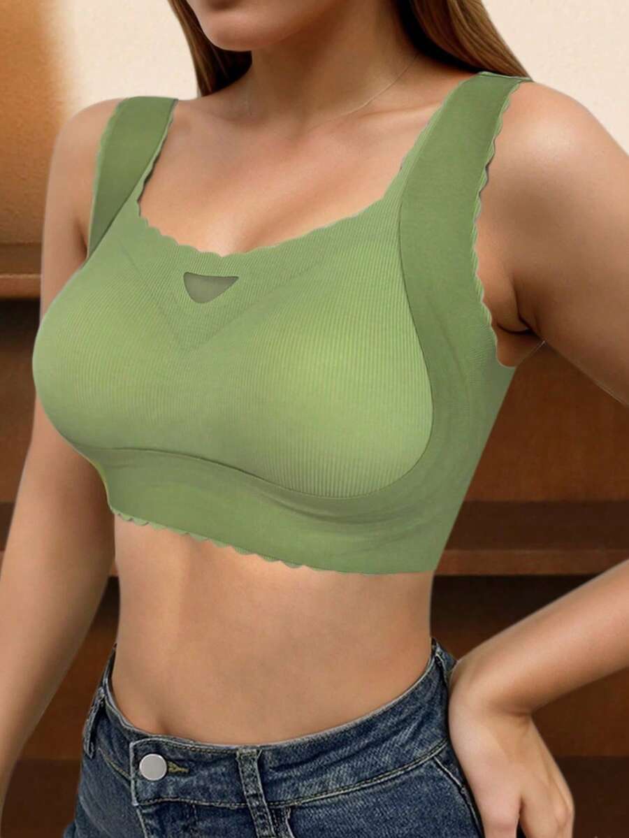 女士无缝无钢圈舒适薄款简约运动睡眠文胸，聚拢提拉，裸色，日常穿着吊带背心