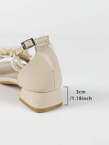Spring/Summer 3cm Low Heel Square Toe Apricot Wedding Sandals, Elegant Faux Faux Pearl & Flower Decor, Fashionable & Comfortable For Women - Apricot - View 7