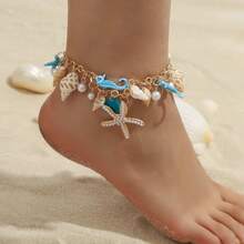 1pc Bohemian Style Pearl & Seastar Anklet, Boho Summer Beach Shell Anklet Foot Jewelry - Yellow Gold - View 6