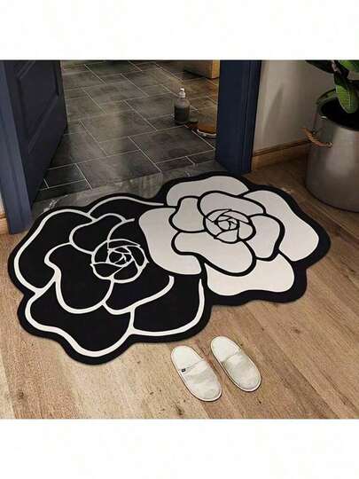 Floral Bath Mat, Non-Slip Bath Mat, Bathroom Mat, Quick Absorbent, Fast Drying, Non-Slip Absorbent Quick Dry, Floral Design, Black & White Camellia Bathroom Mat, Soft Absorbent Non-Slip Mat, Durable, Easy To Clean Camellia Pattern Floor Mat
