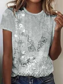 Summer Fashion Plant Print Casual Short Sleeve T-Shirt - Grey - View 1