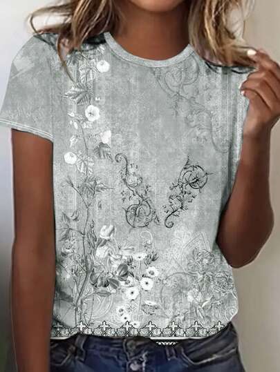 Summer Fashion Plant Print Casual Short Sleeve T-Shirt