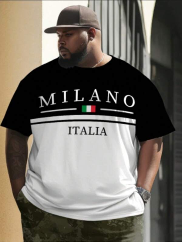 Plus Size Men Summer Black & White Striped Sports T-Shirt, "MILANO" Letter Print Round Neck Short Sleeve Fitness Tee For Large Sizes