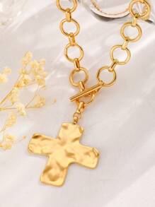 1 Collier pendentif rétro simple et exagéré en métal de forme géométrique ronde avec motif martelé. Boucle OT et chaîne épaisse. Convient pour le port quotidien des femmes. Bijoux épais.