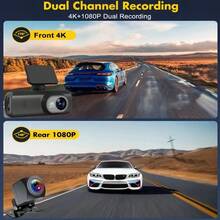 4K Ultra HD Dash Cam, Dual Front And Rear Cameras, Includes 64GB SD Card, Built-In WiFi, 1.47" IPS Screen, Night Vision, 170° Wide Angle, WDR, 24-Hour Parking Monitoring, Mobile App Control, Adhesive Backing, Suitable For All Vehicles, Car Safety Camera | Modern Auto Accessories | Supports WiFi, Car Dash Cam