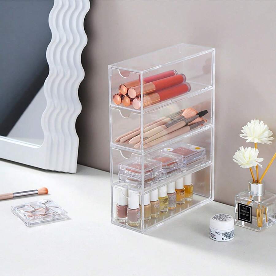 1 szt. Przezroczysty akrylowy 4-warstwowy organizer do szuflady - Pyłoszczelny i składany pojemnik na kosmetyki i biżuterię, idealny do redukcji bałaganu na biurku, widoczne przegródki na makijaż, okulary i akcesoria, organizer do przechowywania kosmetyków