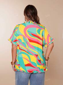 Plus Size Women Casual Holiday Multicolor Graphic Print Tie V-Neck Ruffle Trim Summer Tops