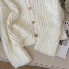High-Quality Solid Color Faux Mink Cardigan Sweater, Metal Button Closure, French Collar, Knitted Outerwear For Women, Autumn - White - View 5