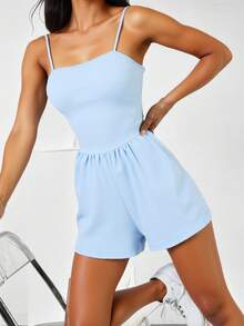 Mono Jumpsuit Liso Bohemio Casual Espalda al aire Nudo Fresco Suave Tirantes Dama Mujer Primavera Verano - Azul - Ver 4