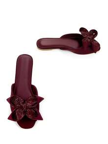 Giày sandal đế bằng nữ thanh lịch, đính hoa và nơ 3D, chất liệu Lycra, mũi vuông, thoải mái, màu đỏ rượu vang, thích hợp cho trang phục mùa xuân hè. - Màu Đỏ Sâu - Xem 4