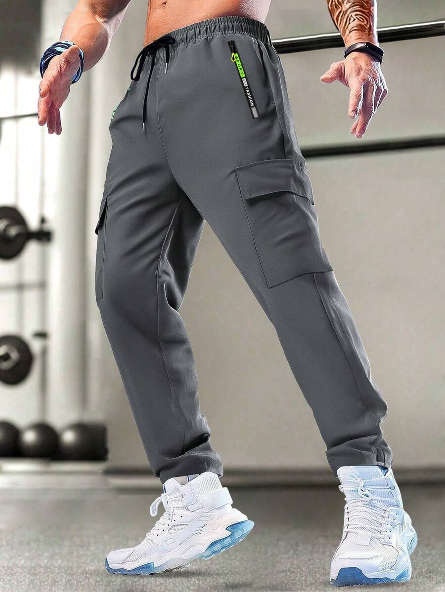 Men's Casual Sports Cargo Pants With Zipper, Printed Zipper Pockets, Practical Pockets, Lightweight Suitable For Spring & Summer, Suitable For Outdoor Running And Training
