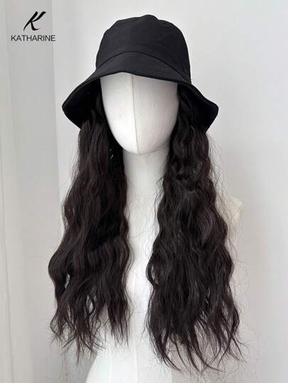 Cap Wigs Female Synthetic Long Water Waves Hair With Hat Spring Summer Sun Cap With Hair Daily Use Bucket Hat Wig Natural Wig