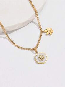 1pc Beautiful Jewelry Gift Set Stainless Steel Necklace With Shell Inlaid Small Floral Pendant, Minimalist Design, Fashionable Accessory For Women, Suitable For Parties, Birthdays - Yellow Gold - View 11