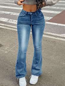 Women's Vacation Style Casual Ins Washed Frayed Skinny Flare Jeans Spring - Medium Wash - View 5