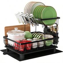 Dish Drainer Rack, 2 Tier Stainless Steel Dish Drying Rack With Drip Tray And Drying Mat, Sink Plate Drainer Rack With Utensils Holder, Swivel Spout, Kitchen Draining Board Rack For Kitchen, Black - Black-two Tier - View 1