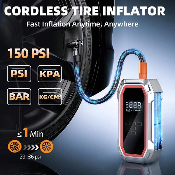 Gonfleur de pneu portable et démarreur de secours combo - 5000A haute puissance, 12V pour moteurs essence 9,0L, 8L. Avec lumière LED et écran numérique pour voitures, motos, vélos, ballons