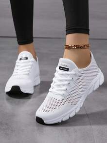 Women's Outdoor Sports Style Fabric Front Tie Striped Decor Soft Bottom Outdoor Running Shoes - White - View 2