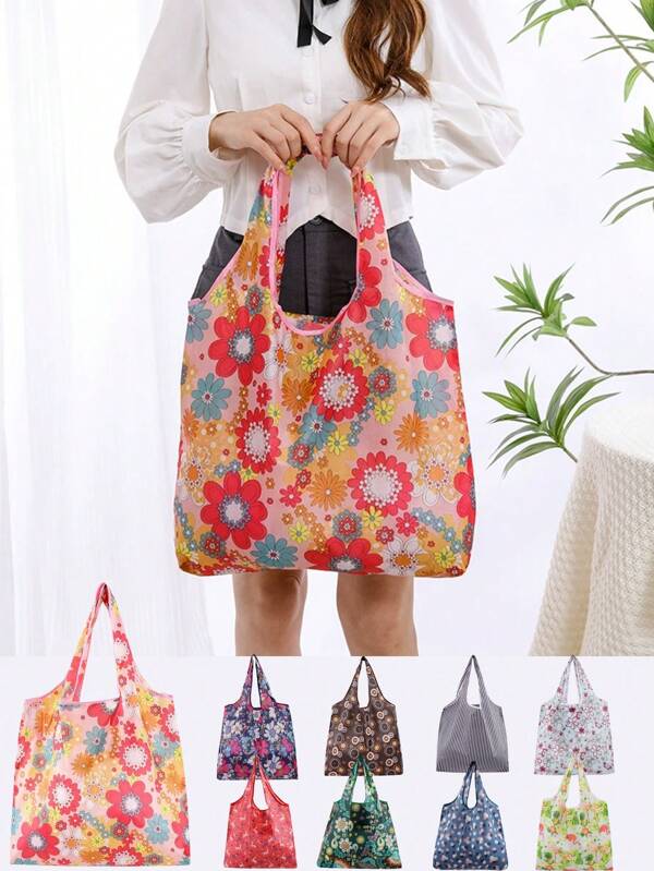 Foldable Shopping Bag, 190T Polyester Printed Reusable Grocery Tote Bag