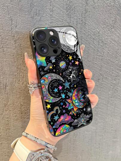 1pc Fashionable Creative Full-Print Colorful Stars, Moon, Clouds & Planet Pattern Tempered Glass Phone Case, Compatible With Apple 17 Pro Max/17 Air/16 Pro Max/15/14 Plus/13/12/11/XR/8P And Galaxy S25/S24/S23 Ultra/S22/S20/Note20/Note10/A56/A53/A34/A14/A11/A05/A03S