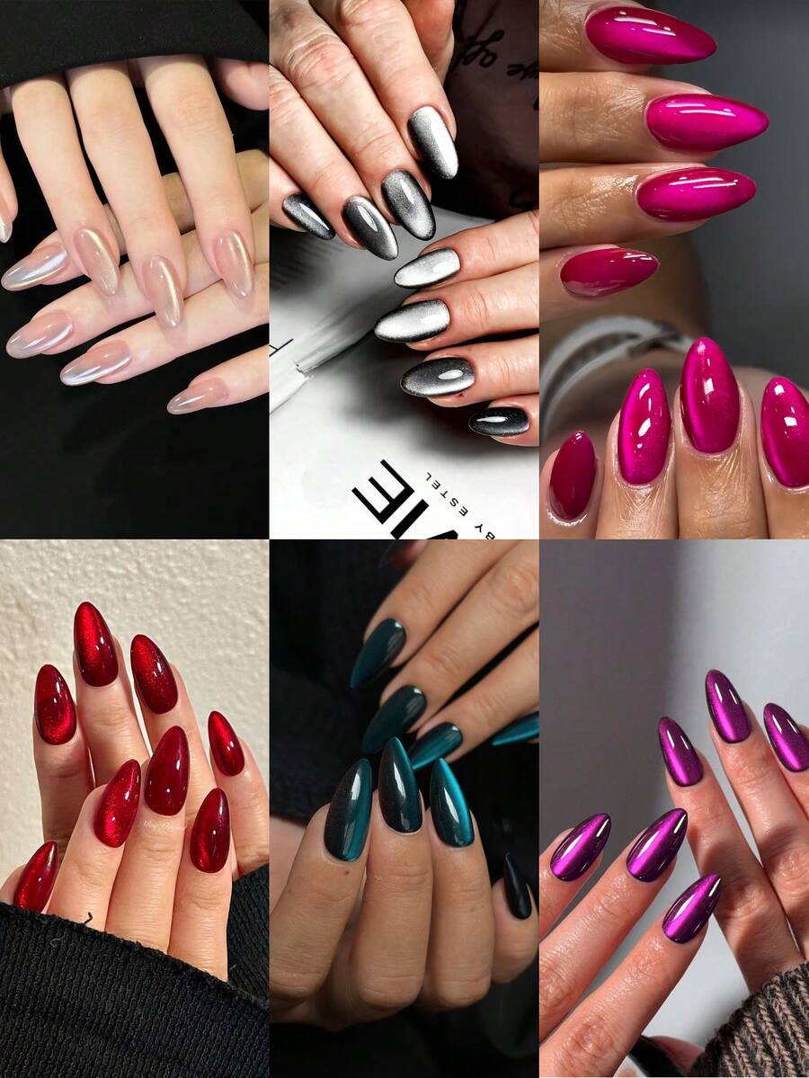 Get Elegant With 144pcs/6pcs Set Medium Almond Simple Classic Naked Color Soild Color Glossy Cat Eye With Black,Hot Pink,Dusty Pink ,Burgundy ,Green Full Cover Fake Press On Nail Kit Suitable For Daily Wear And Nails DIY Made Hand