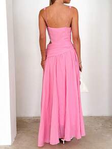 Romantic V-Neck Sleeveless Solid Color Patchwork Large Hem Long Dress, Perfect For Date Nights And Party Dresses - Hot Pink - View 4