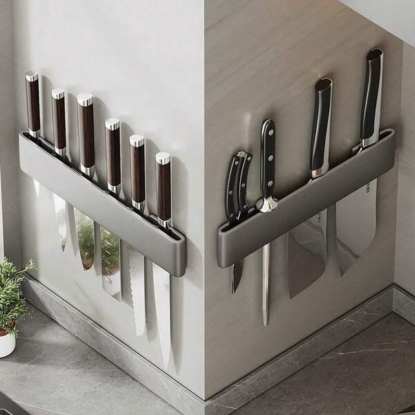1 pieza Soporte para cuchillos de montaje en pared sin taladro - Organizador de cocina multifuncional de acero al carbono, estante de almacenamiento de cuchillos que ahorra espacio para chefs y cocineros del hogar (diseño minimalista, alternativa universal al bloque de cuchillos)
