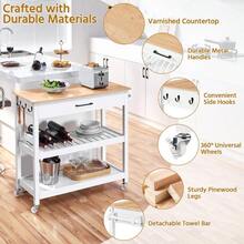 Rolling Kitchen Island Trolley Cart, Kitchen Storage Trolley On Wheels With Drawer And Side Handle, Utility Serving Cart For Dinning Room/Living Room, Bamboo Worktop, White - White - View 5