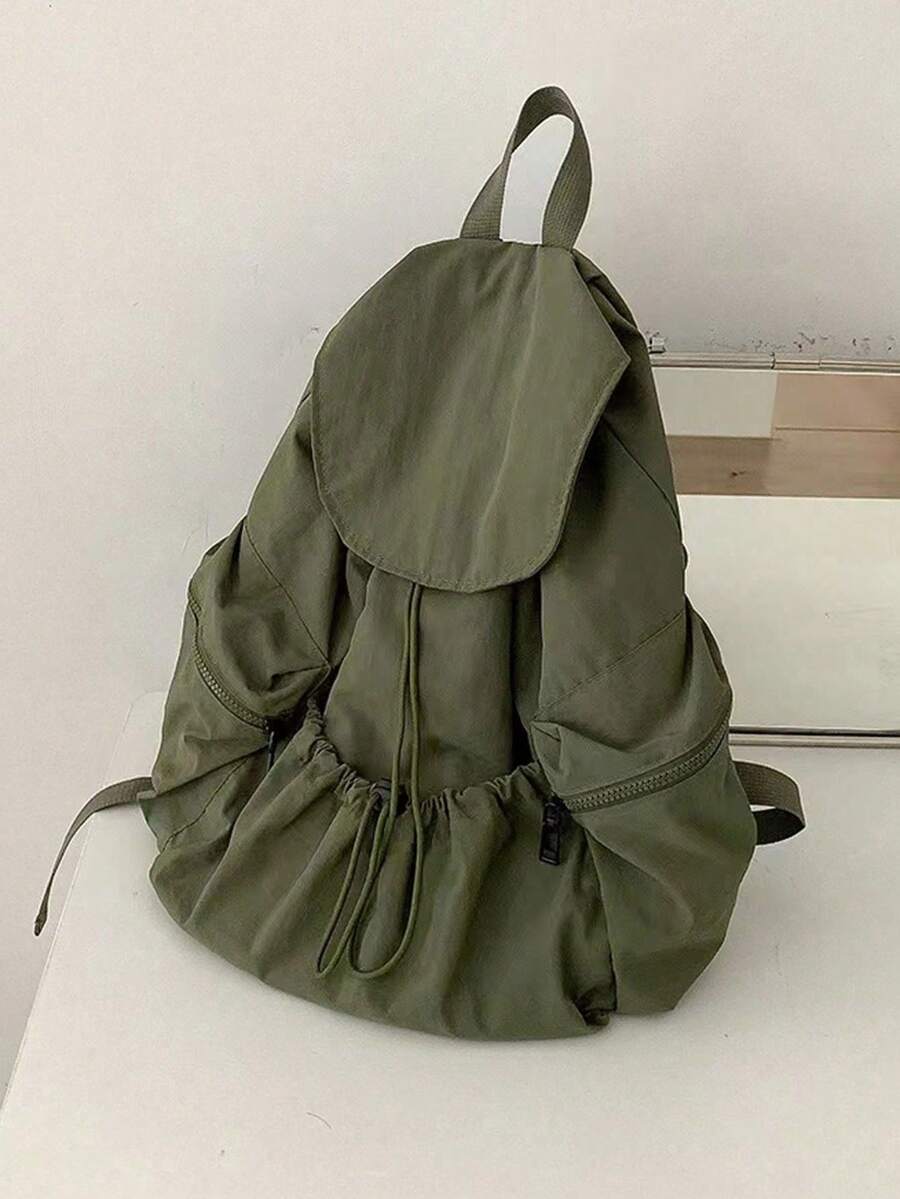 New Stylish Drawstring Backpack, Large Capacity, Casual Student Backpack For Men & Women, Water-Washed Fabric - Army Green - View 1
